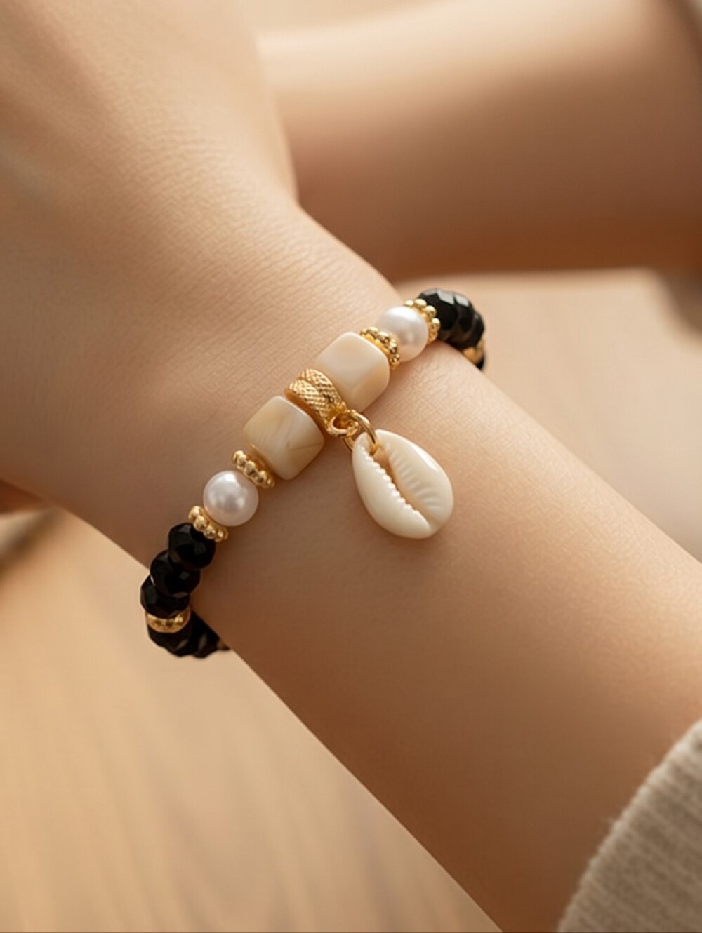 Cowrie Shell Bracelet Black Gold Beaded Coastal Stretch Beach Vacation Jewelry